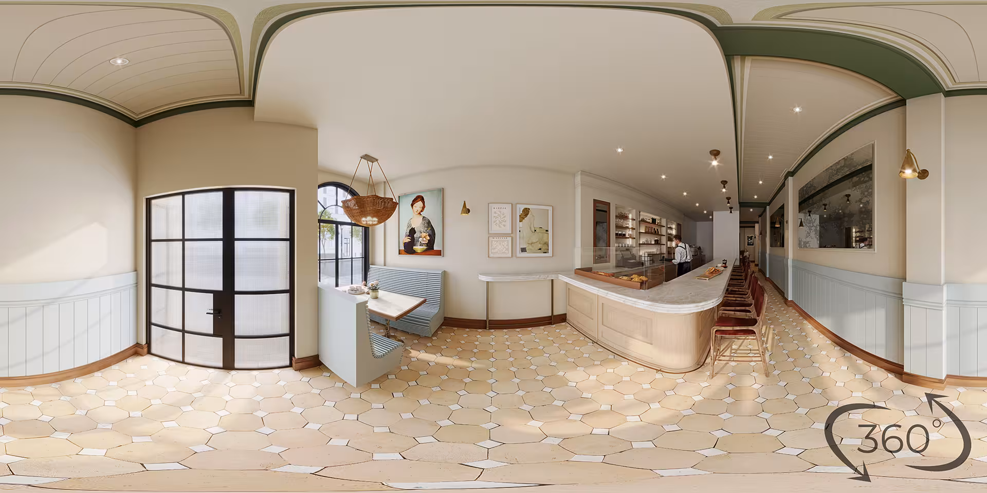 360 virtual tour of USA café interior design created for interactive VR presentation