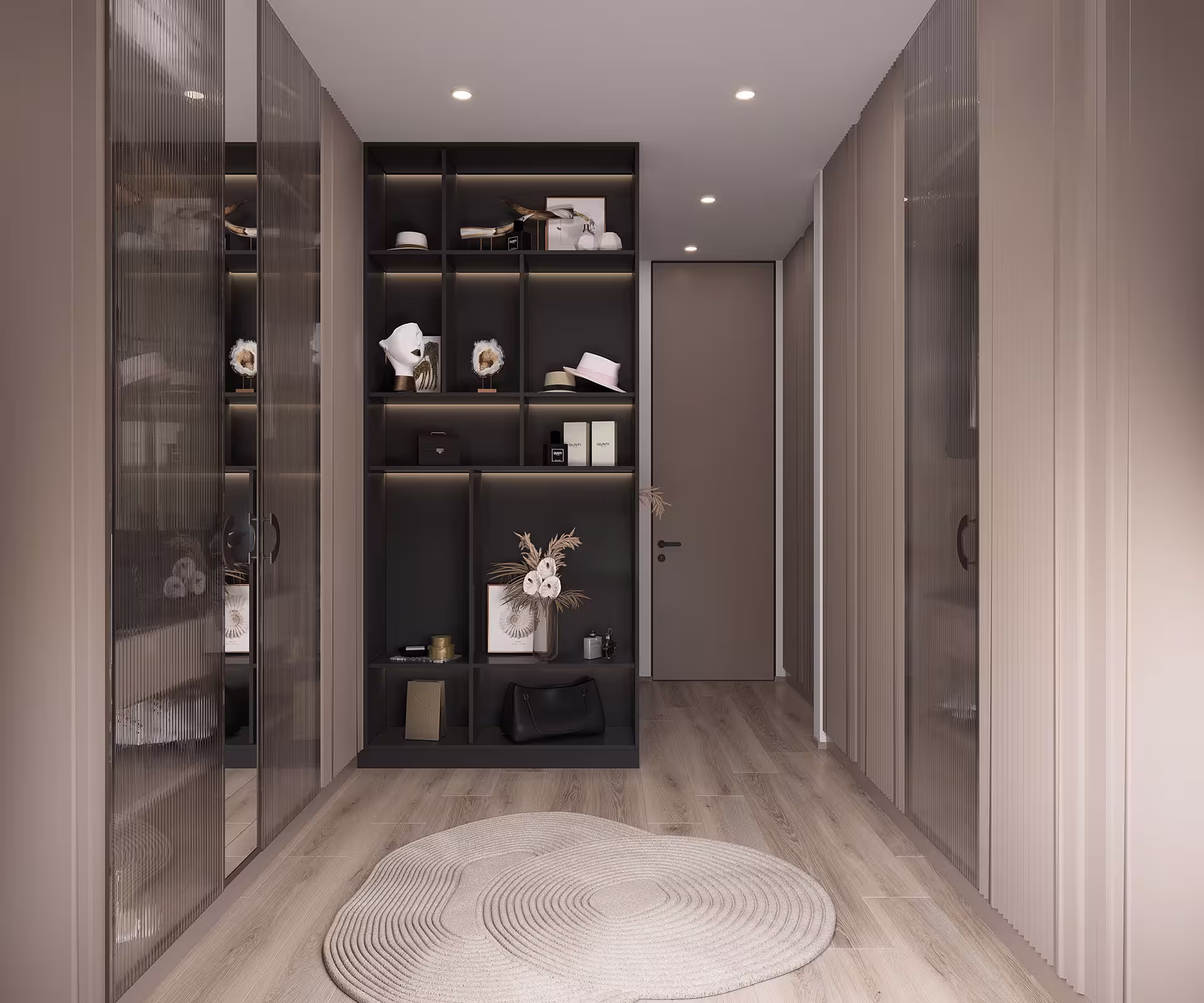 Detailed 3D render of a modern closet area with integrated lighting, functional shelving, and minimalist design detail.