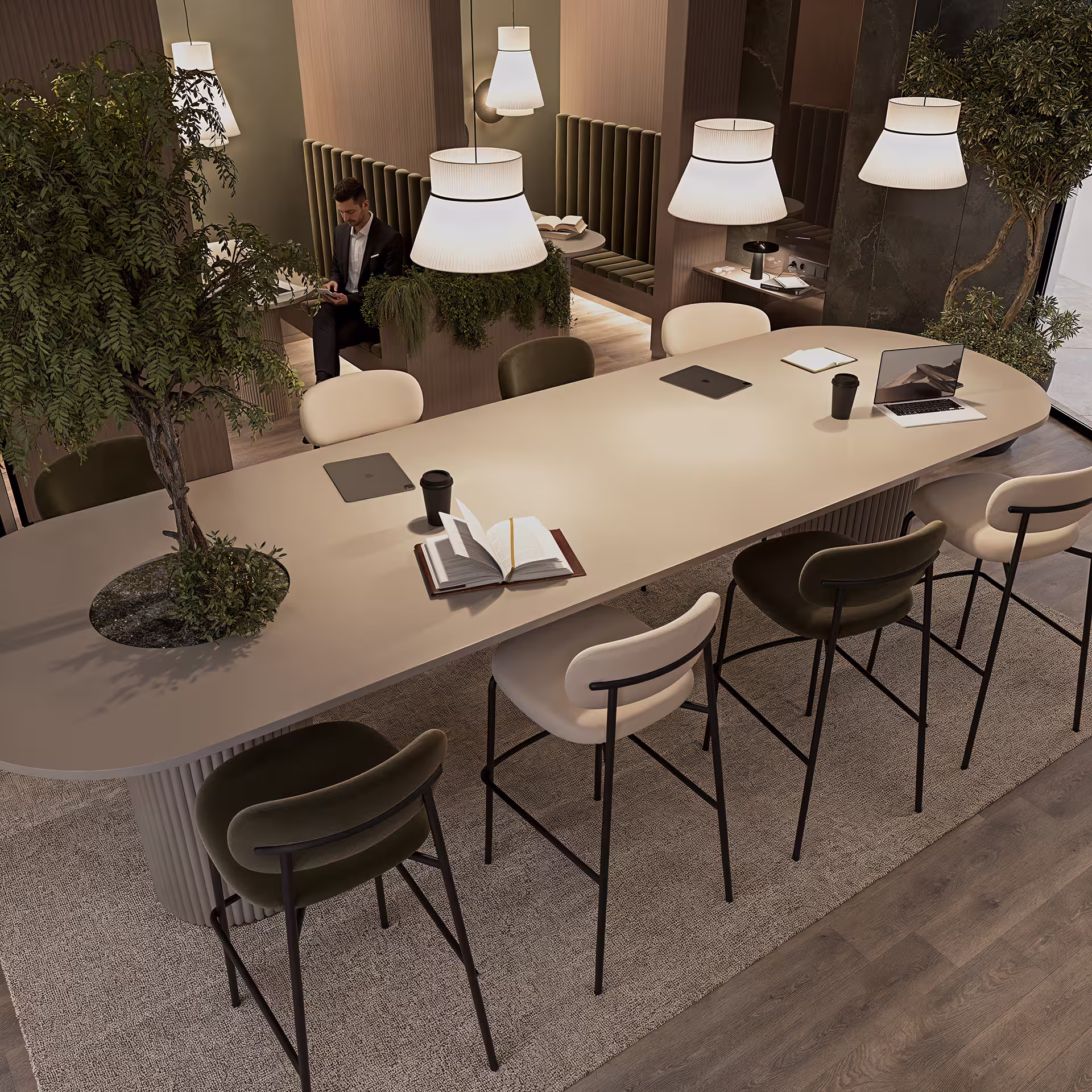 Photorealistic 3D visualization of a modern coworking interior with natural lighting and detailed material rendering by Kubiron Studio.