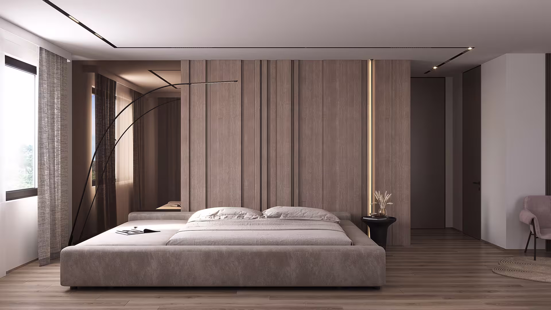 3D visualization of a cozy bedroom showcasing balanced composition, layered textures, and refined residential style.