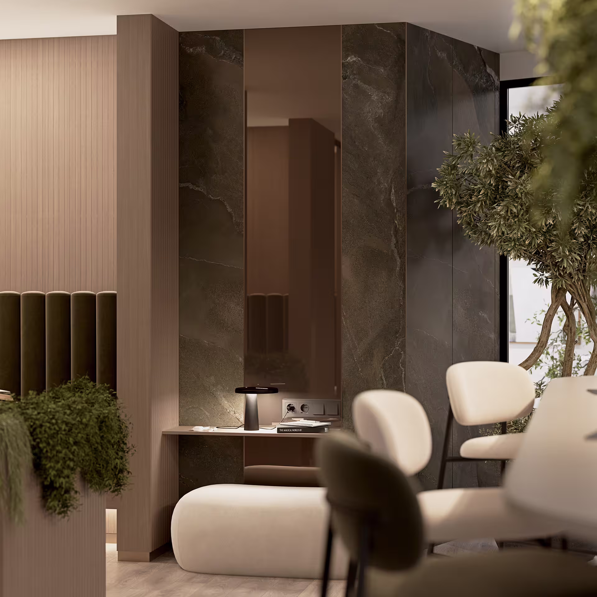 3D render of a coworking lounge area in a commercial building, showcasing refined lighting, wooden finishes, and comfortable seating.