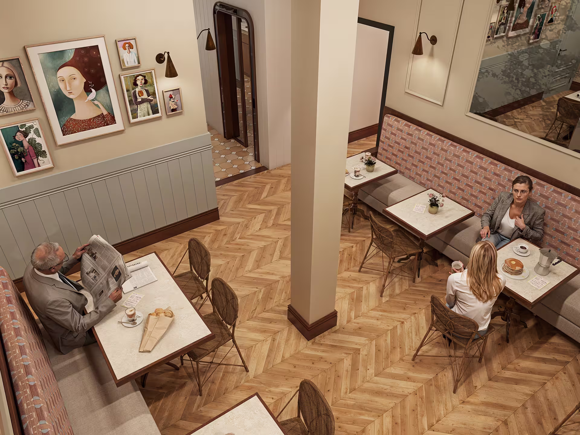 Aerial perspective of café layout showing organized seating zones and patterned flooring.