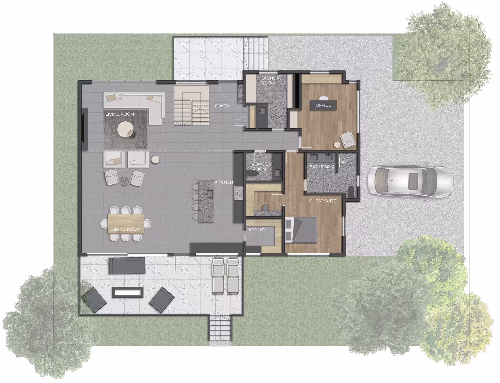 Ground floor plan of Jay Apartment showing room organization, circulation zones, and functional residential layout.