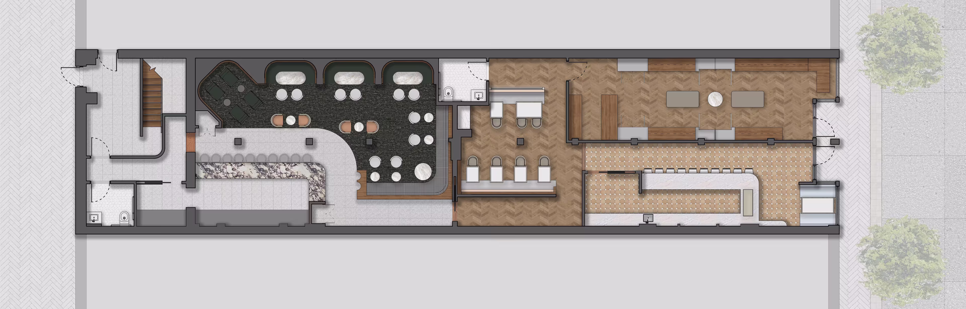 Architectural floor plan of café showing bar, seating layout, and main circulation zones.