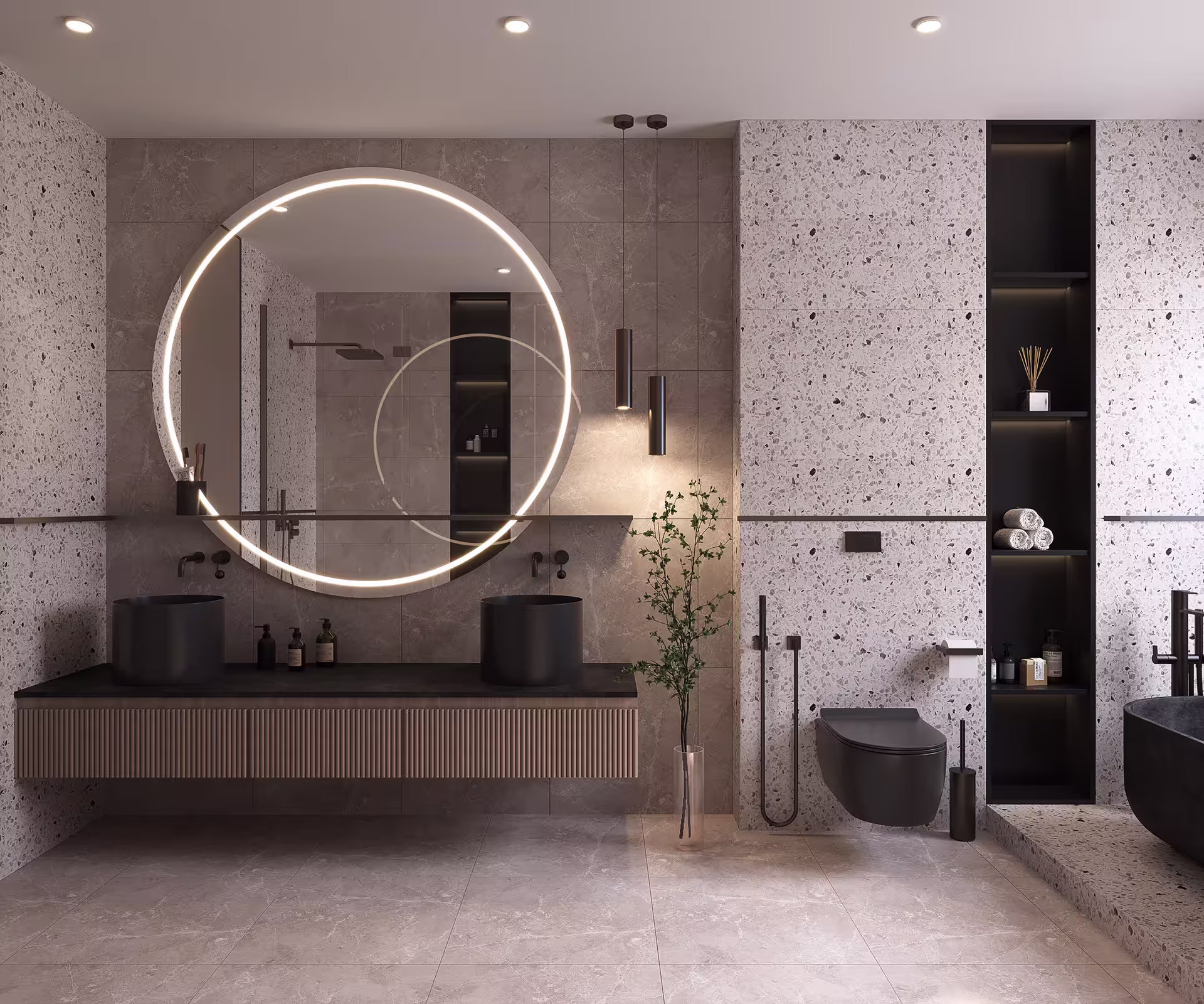 Photorealistic bathroom visualization with soft lighting, stone surfaces, and spa-like residential suite atmosphere.