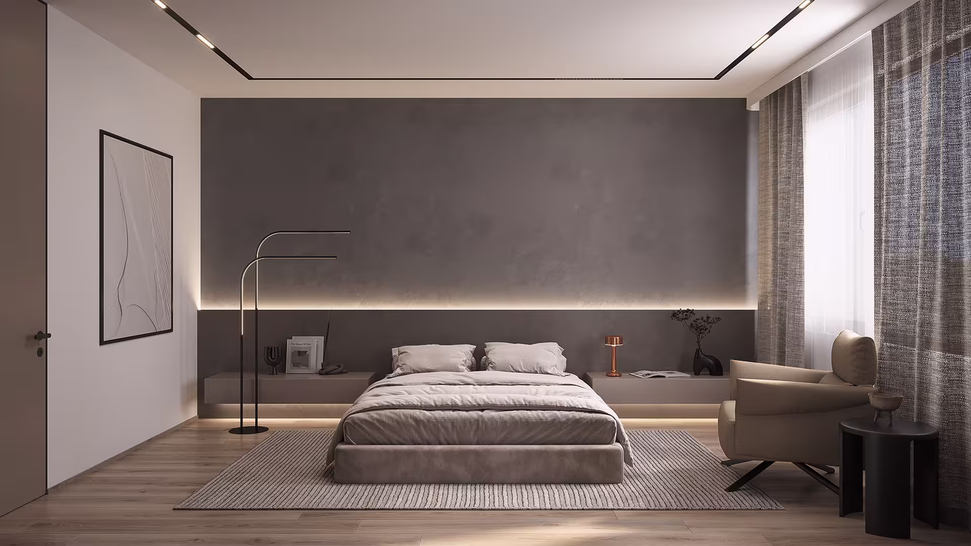 3D visualization of a guest bedroom in Jay Residence featuring calm color palette, modern furniture, and soft daylight.