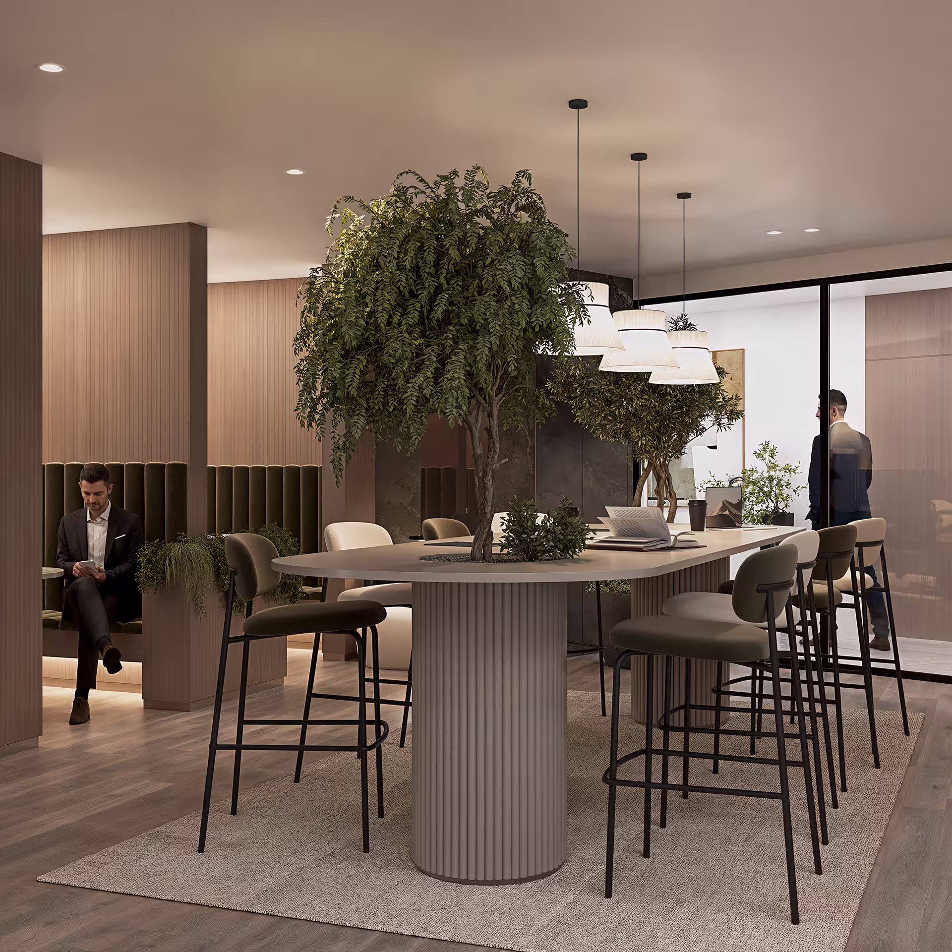 High-quality 3D rendering of a coworking area featuring open seating, warm materials, and a collaborative commercial interior design.