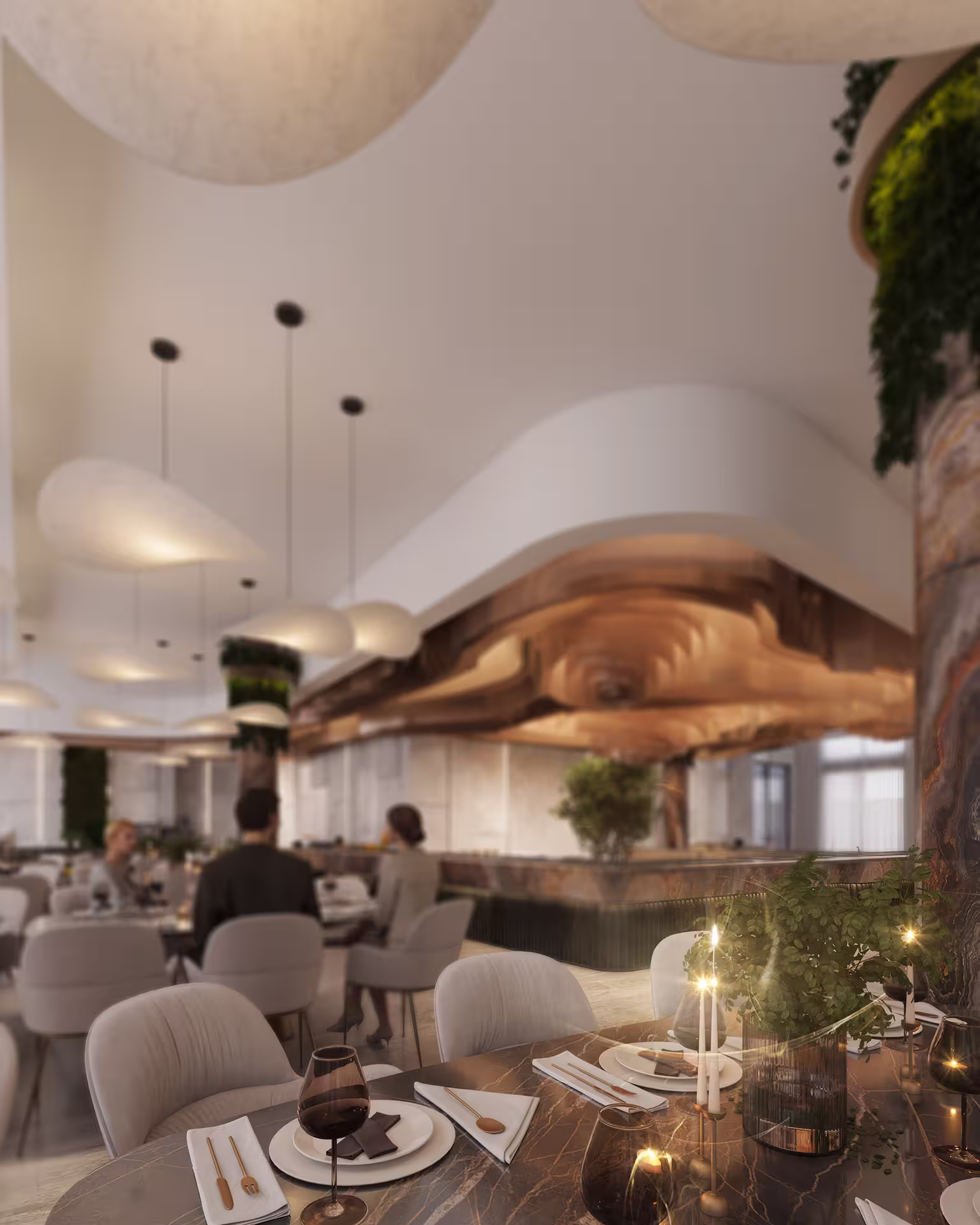 High-end hotel restaurant render emphasizing luxury materials, artistic lighting, and sophisticated spatial composition by Kubiron Studio.