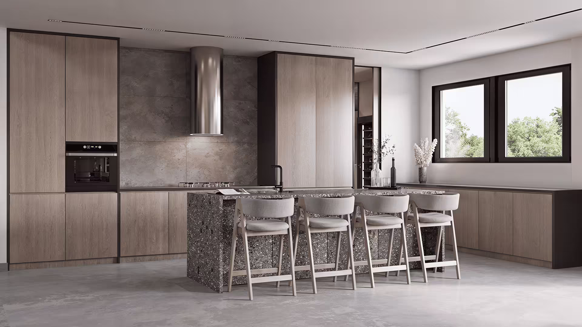 3D render of a modern kitchen interior featuring minimalist cabinetry, warm lighting, and functional residential space.