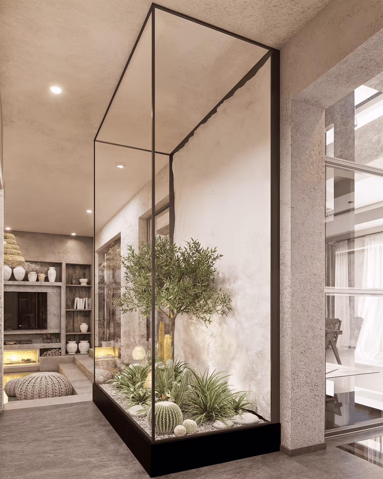 High-quality 3D visualization of a cave home interior emphasizing seamless spatial flow, natural materials, and calm atmosphere.