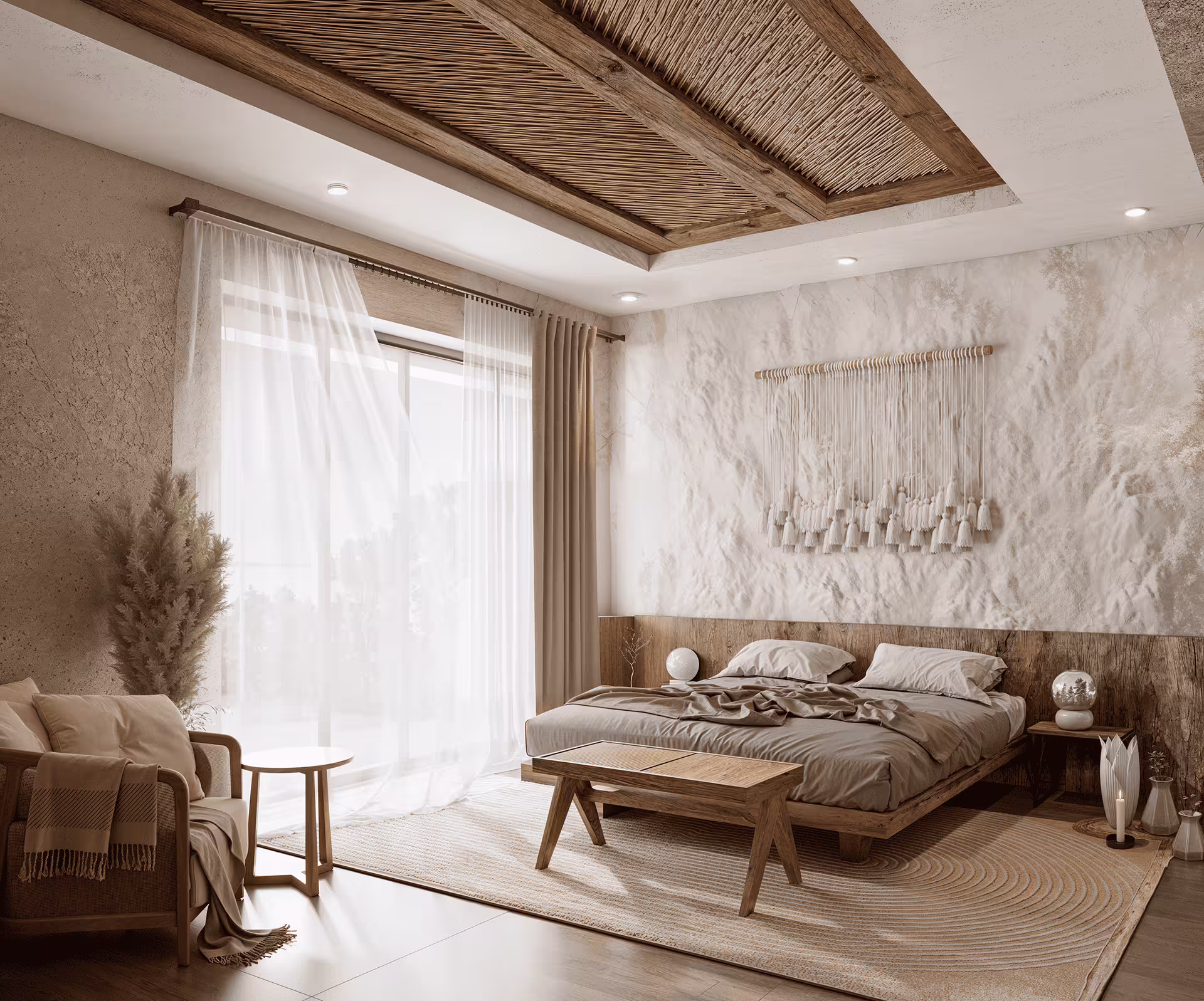 Photorealistic 3D visualization of a contemporary cave house interior with warm lighting, textured walls, and natural stone details by Kubiron Studio.