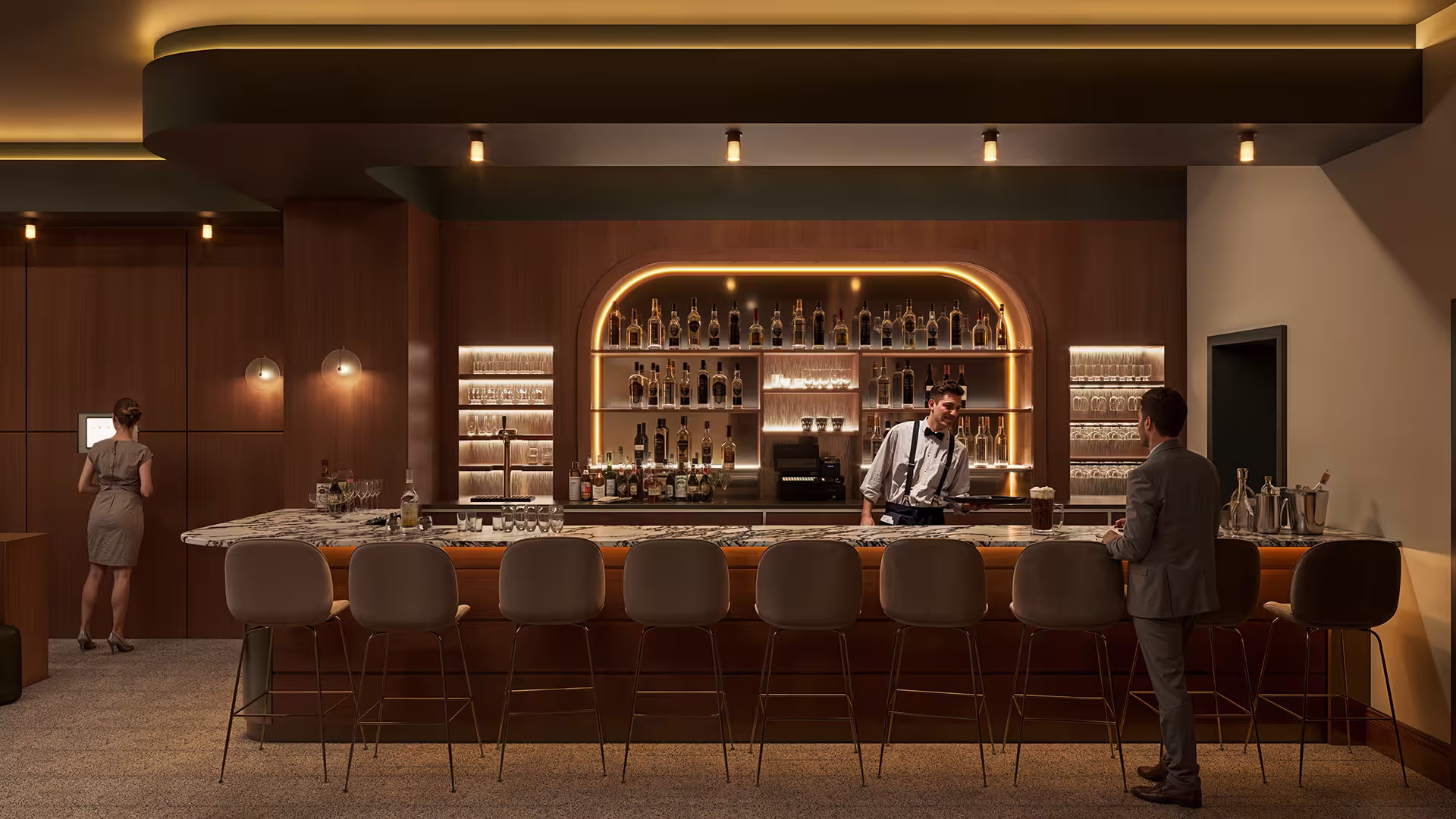 Main café bar visualization with backlit shelving, curved counter, and cozy atmosphere.