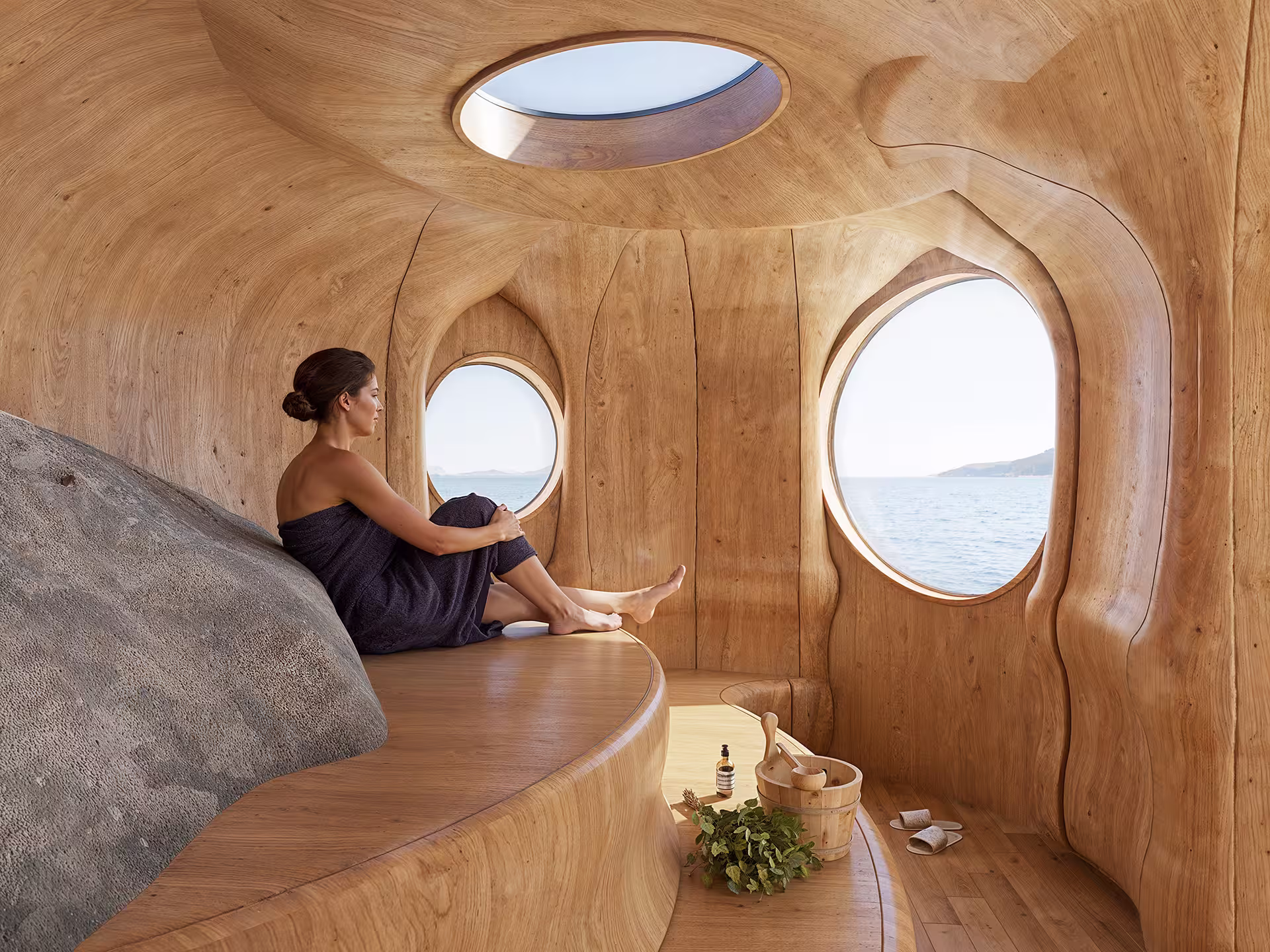Sauna interior rendered with warm wood textures and soft natural light through skylights
