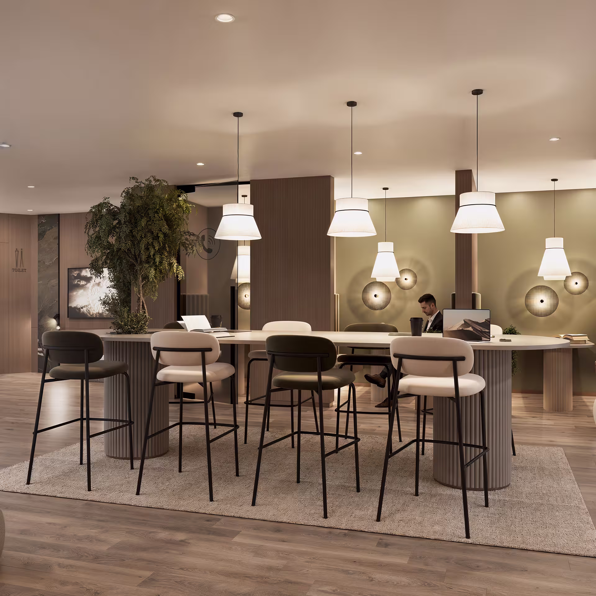 3D visualization of a collaboration zone within a coworking office, emphasizing soft lighting, curved partitions, and modern workspace design.