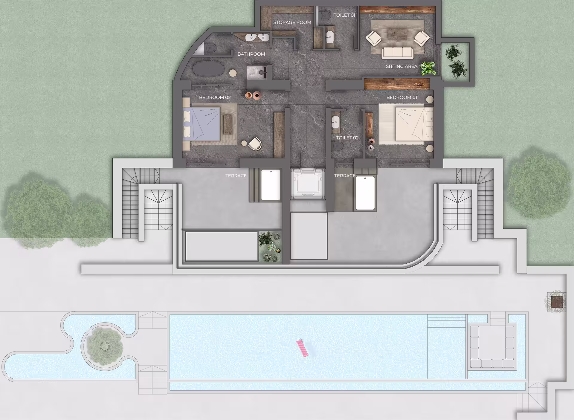 First-floor 3D render illustrating the upper-level distribution of a residential cave house with open connection to the living zone.